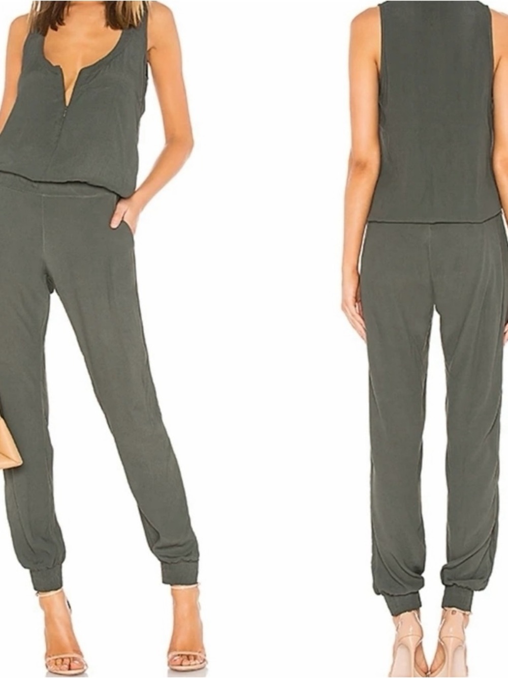Monrow Crepe Basics Zip Front Sleeveless Camo Green Jumpsuit Size S